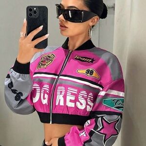 Stylish Pink and Gray Women's Bomber Jacket